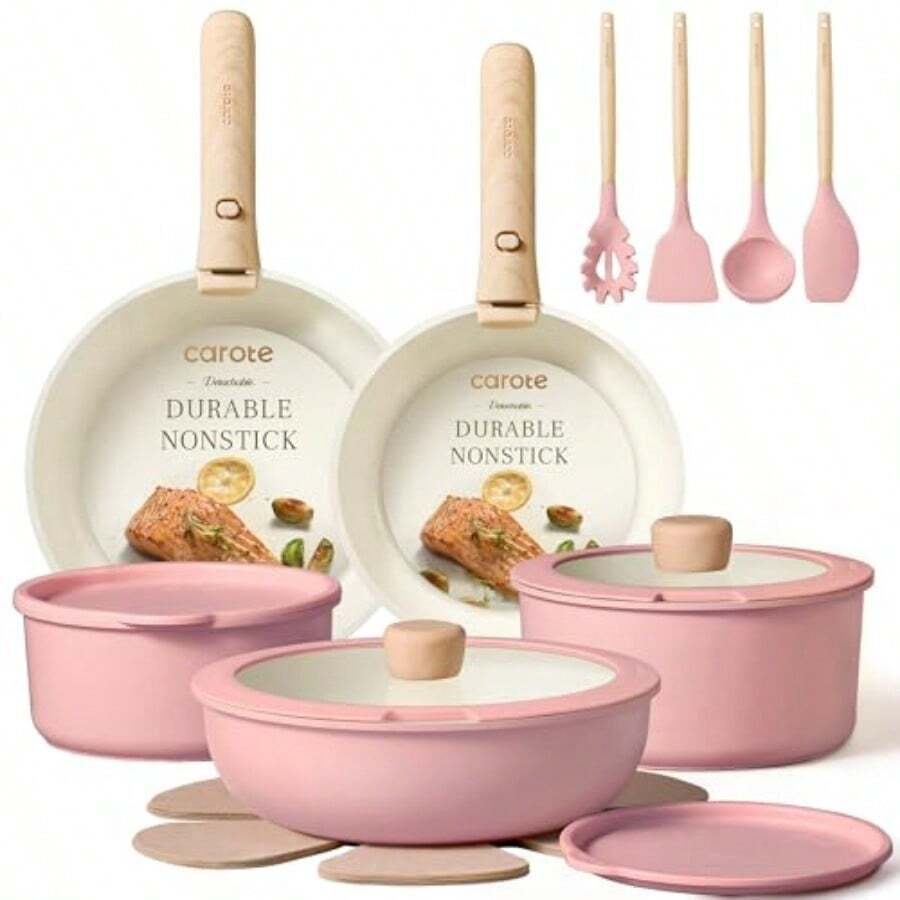 Camping Cooking Set Detachable Handle - 19点セット ノンスティック鍋フライパンセット、着脱式ハンドル、IH対応、食器洗い機・オーブン対応、省スペース、キャンプ用調理セット、キッチンセット、ピンク、ブラック、クリームホワイト、セージグリーン SKU: sh260722145425265867345