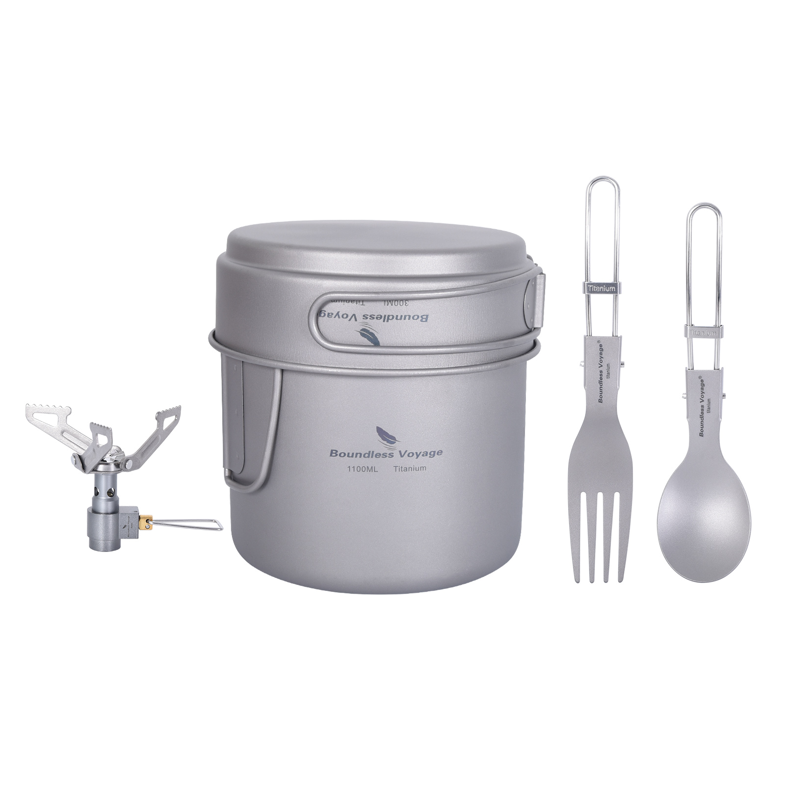 Camping Cooking Cupboard - キャンプ用チタンカップパンセット,屋外調理用ポット,焦げ付き防止キット,ストーブとスプーンフォーク付き軽量調理器具