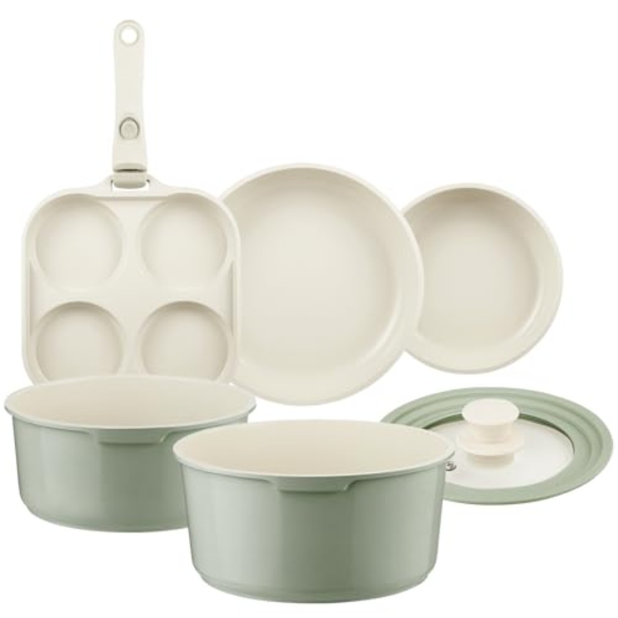 Camping Cooking Set Detachable Handle - セラミック製鍋とフライパンセット ノンスティック グリーン、7点セット 取り外し可能なハンドル付き RVキャンプ用 IH対応