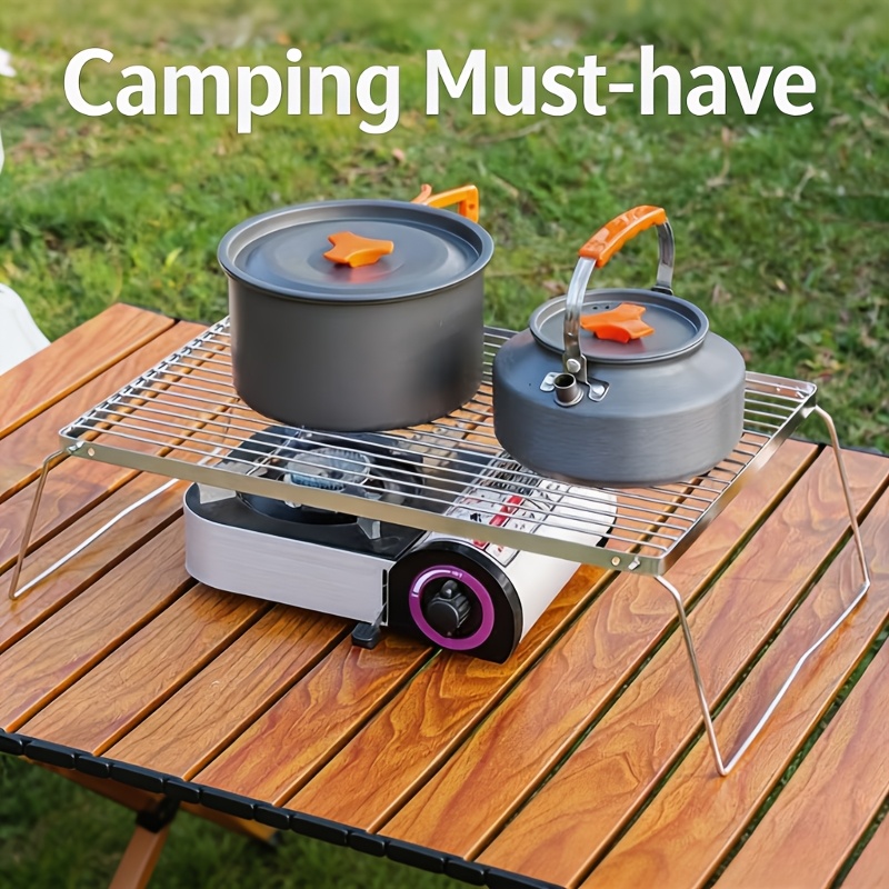 Camping Cooking Accessories - ポータブル折りたたみ式ステンレスキャンプファイヤースタンド – ハイキング、キャンプ、バーベキューグリル、鍋やフライパンの支え、グリッドラックに最適な軽量設計