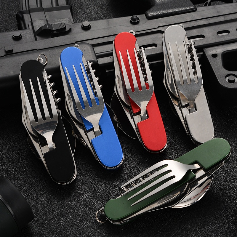 Camping Outdoor Cooking Table - 4 in 1 折りたたみ食器取り外し可能なキャンプ用品ステンレス鋼ナイフフォークスプーンオープナーポータブル屋外旅行カトラリー