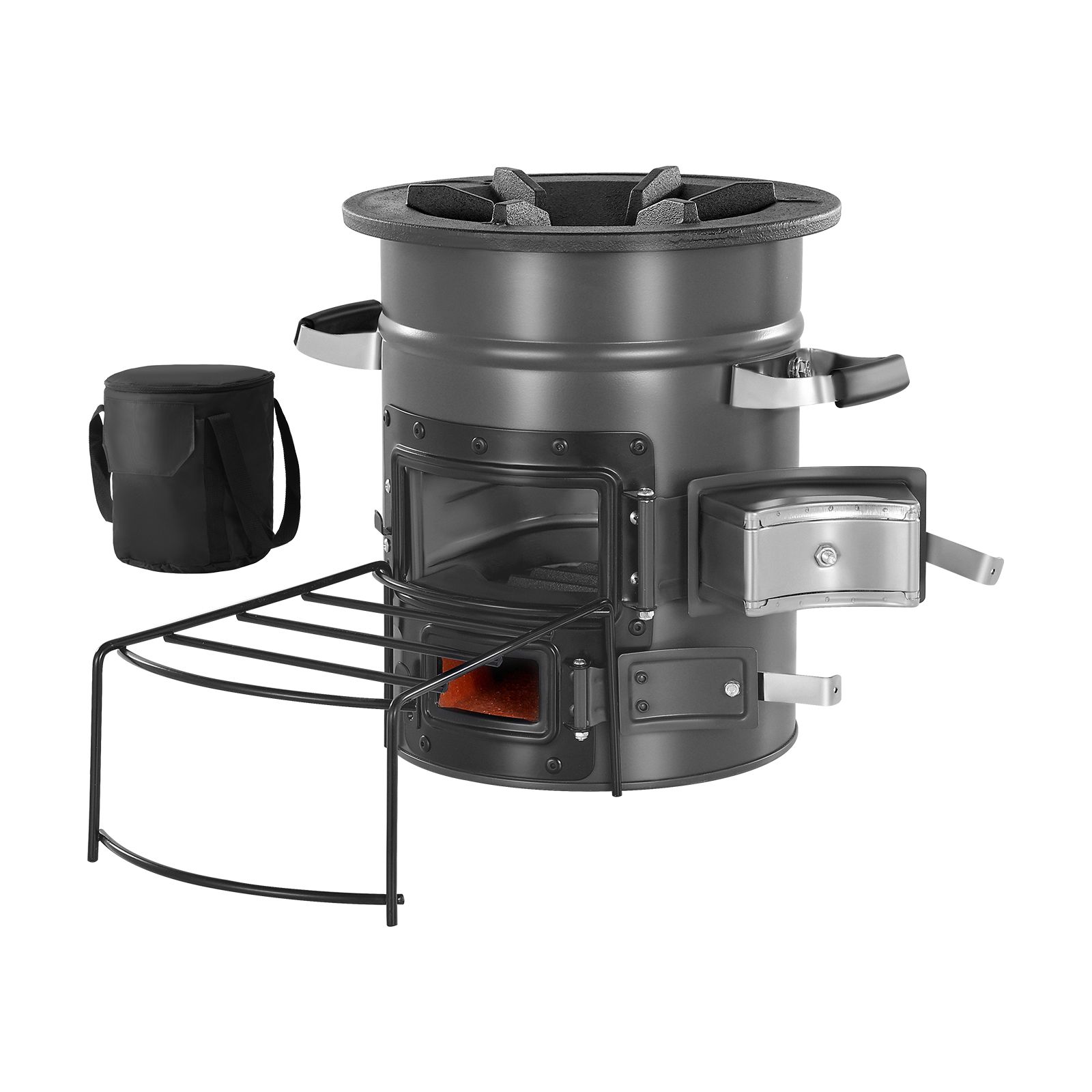 Camping Cooking Wood Stove - キャンプ用ロケットストーブ、携帯用薪ストーブ（キャリーバッグ付き）、バックパッキング用、SPCCスチール製、ダブルドア、小枝、木くず、木炭を燃やして屋外料理、裏庭、キャンプ料理に使用可能