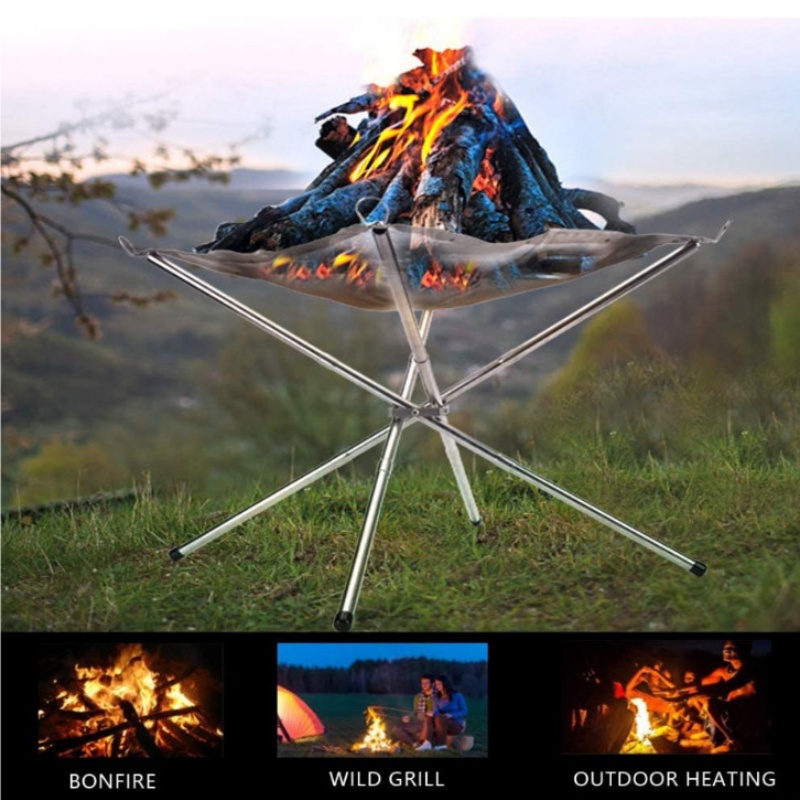Camping Cooking Wood Stove - 屋外BBQ焚き火ラック ポータブルキャンプファイヤーピットグリル ステンレス鋼メッシュ焚き火台 ウッドストーブスタンド 折りたたみ式ファイヤーフレームラック