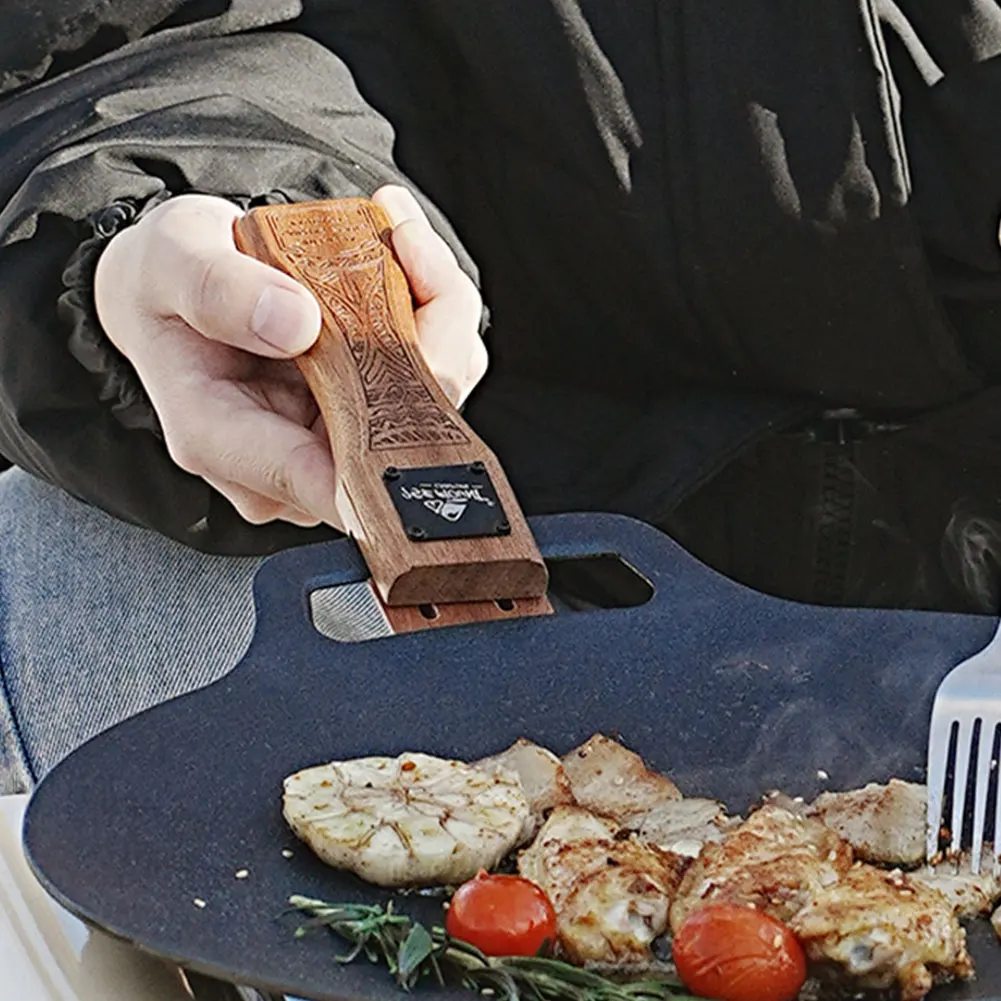 Camping Cooking Hob - 屋外用天然木製グリルパンハンドル、取り外し可能、耐熱性、火傷防止グリップ、BBQプレートクリップ、ポータブルキャンプ調理ツール