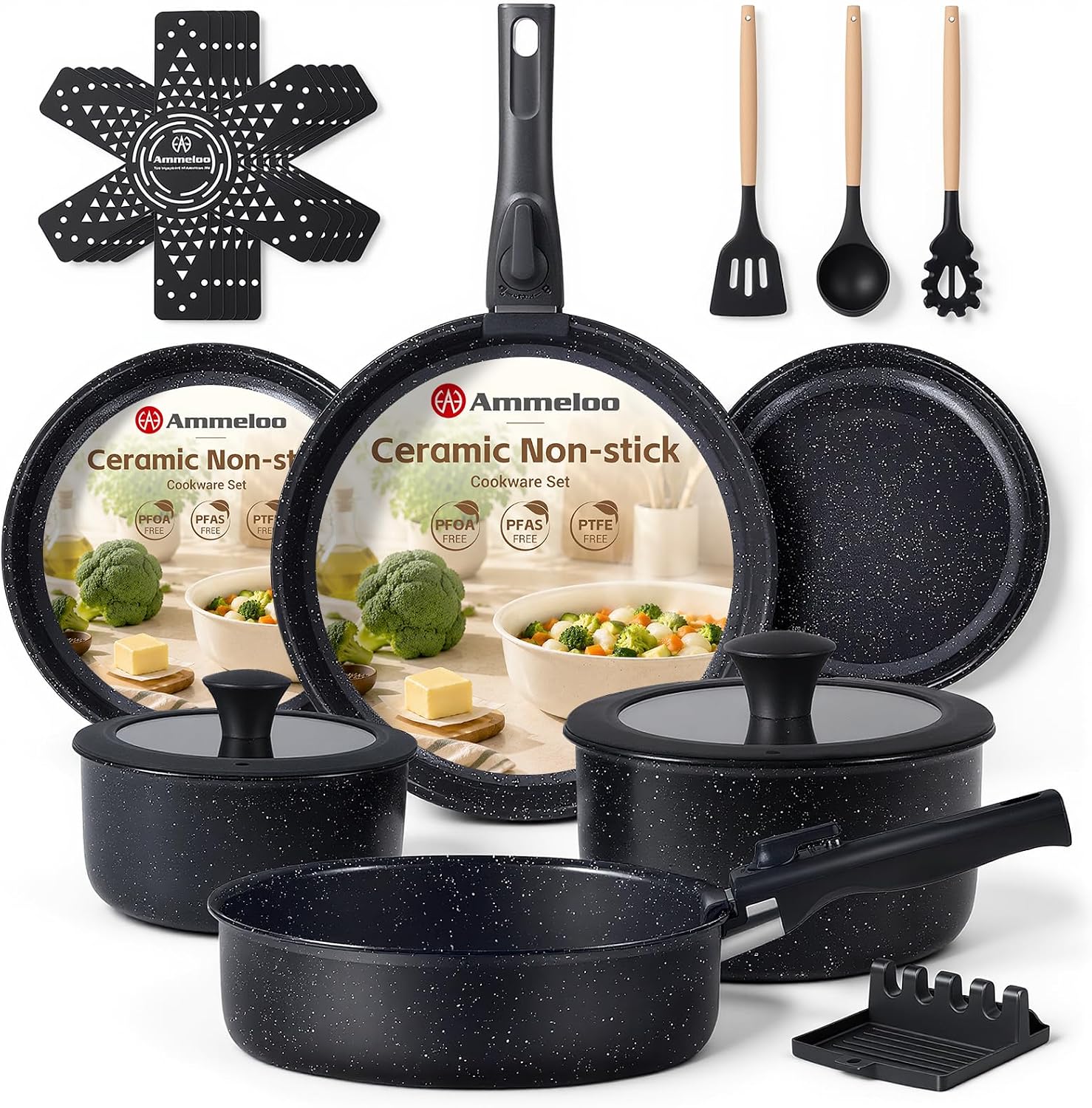 Camping Cooking Set Detachable Handle - 21点セット ノンスティック鍋フライパンセット セラミック製キッチン調理器具 取り外し可能なハンドル 無毒調理キット RVキャンプ用