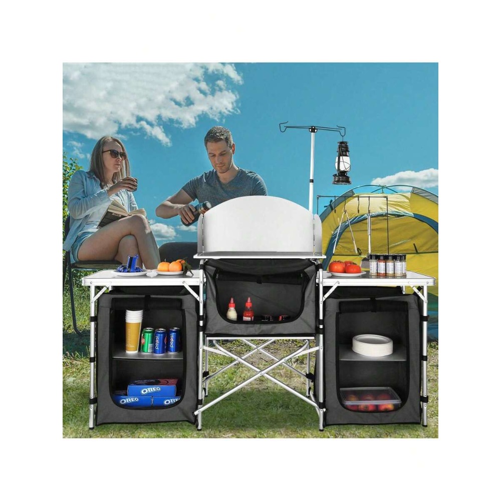 Camping Cooking Cupboard - 折りたたみ式キャンプキッチンテーブル、3つの収納棚と取り外し可能な防風スクリーン付き、頑丈なアルミ製アウトドア調理台、収納用キャリーバッグ付きで素早く設置可能、ポータブルピクニックBBQグリル準備台、RV旅行の必需品、ブラック