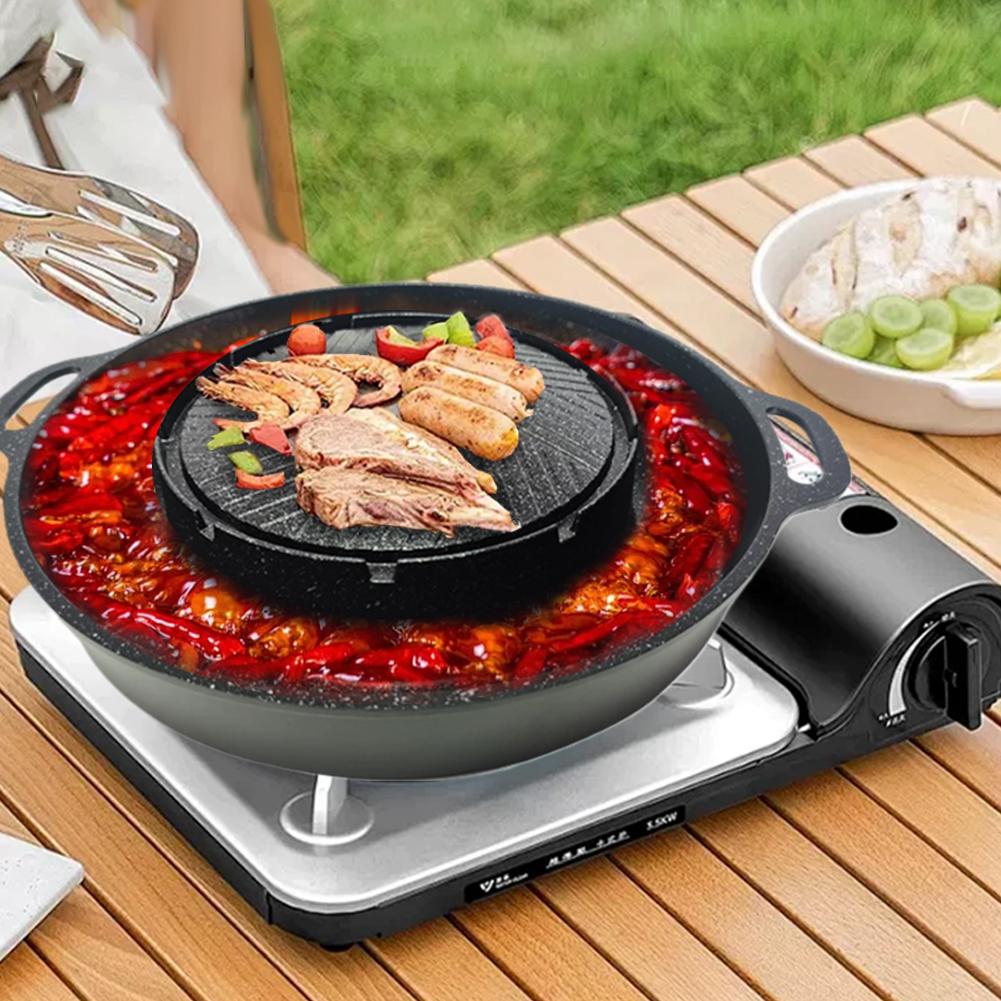 Camping Cooking Cupboard - 韓国カセットグリルパンノンスティックアルミ合金ラウンドしゃぶしゃぶグリルパンホットポットオイル漏れ防止デザインキャンプバーベキュー用