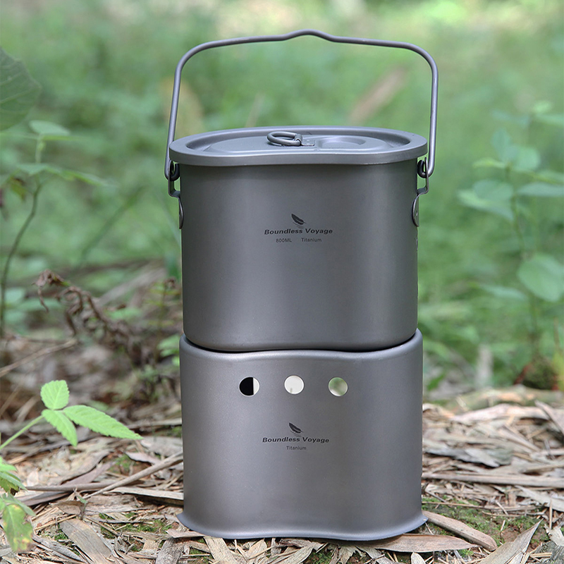 Camping Cooking Wood Stove - 無限の航海-チタン調理器具セット、屋外キャンプハンギングポット、薪ストーブ、2 in 1食堂カップ、0.8 l木炭炉、調理器