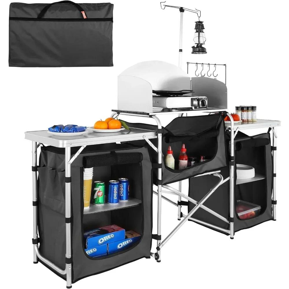 Camping Cooking Cupboard - キャンプ用キッチンテーブル、折りたたみ式アウトドアクッキングテーブル、収納キャリーバッグ付き、アルミ製クックステーション、食器棚3個付き