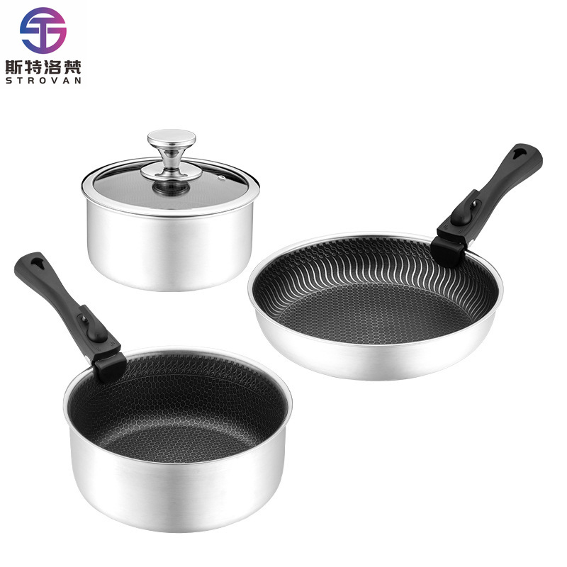 Camping Cooking Set Detachable Handle - 6点セット 3層構造 ステンレス製調理器具セット ハイブリッドノンスティック ハニカム構造 取り外し可能なハンドル