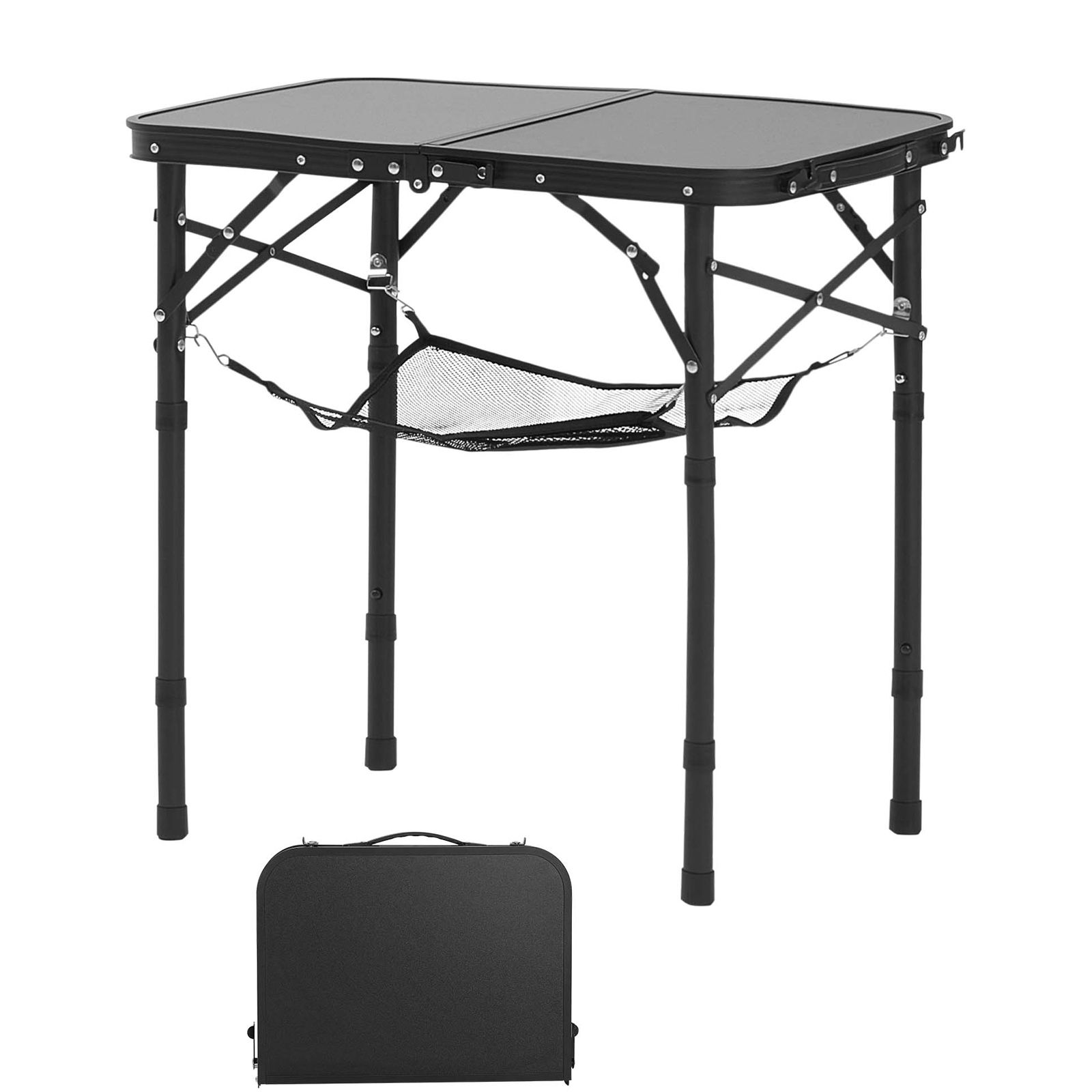 Camping Outdoor Cooking Table - 折りたたみ式キャンプテーブル、高さ調節可能なポータブルサイドテーブル、メッシュ層付きアルミMDFビーチテーブル、持ち運び用ハンドル付き、軽量コンパクトでアウトドアピクニックやBBQ調理に最適、24x16インチ、ブラック