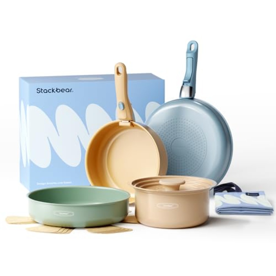 Camping Cooking Set Detachable Handle - セラミック調理器具セット、取り外し可能なハンドル付き鍋とフライパン、ノンスティック、12点キャンプ用調理セット、ノンスティック加工、収納バッグ付き、アンチスティック