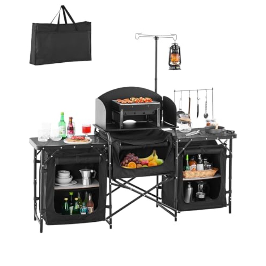 Camping Cooking Cupboard - キャンプキッチンテーブル、屋外キャンプクッキングテーブル、3つの収納棚付きアルミ製ポータブルクックステーション、キャリーバッグ、分解可能