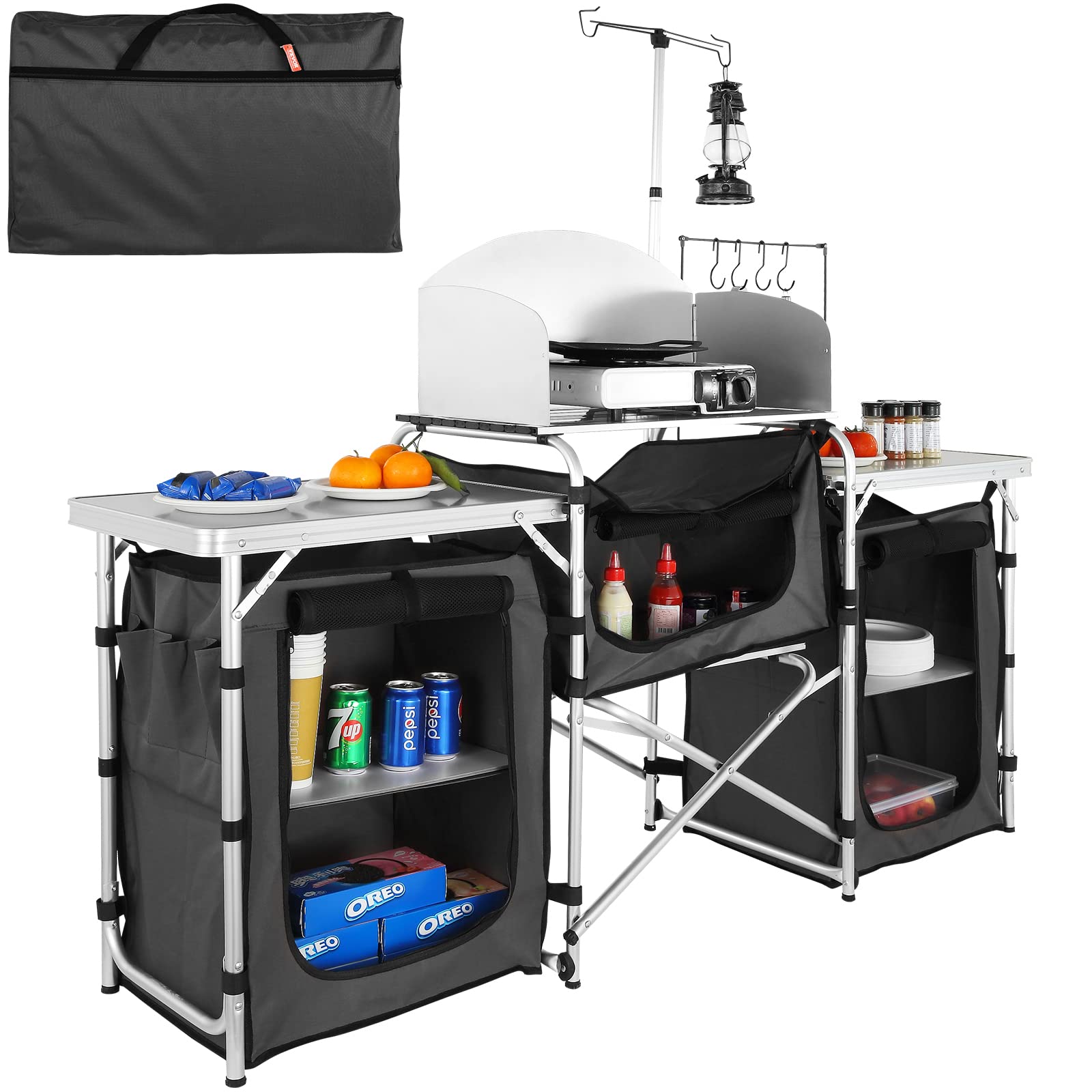 Camping Cooking Cupboard - 折りたたみ式屋外調理台 アルミ製クックステーション 3つの収納棚付き 取り外し可能な風よけ付き キャンプキッチンテーブル ピクニック用