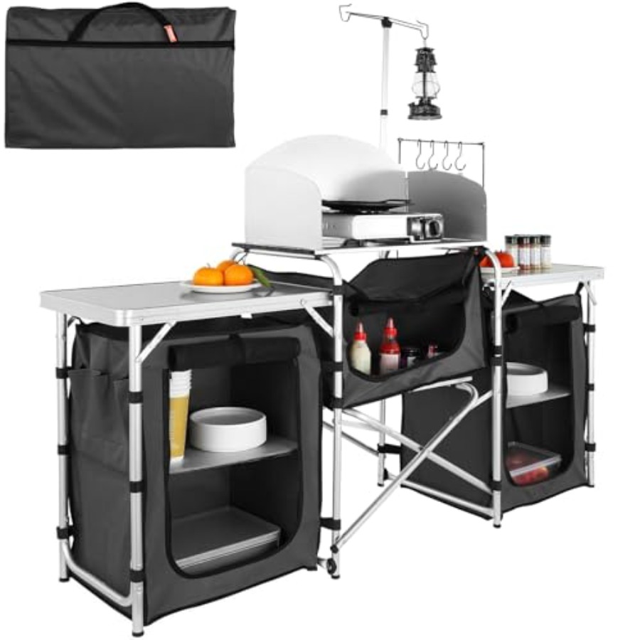 Camping Cooking Cupboard - キャンプ用キッチンテーブル、折りたたみ式屋外調理台、収納キャリーバッグ付き、アルミ製クックステーション、3つの食器棚、取り外し可能