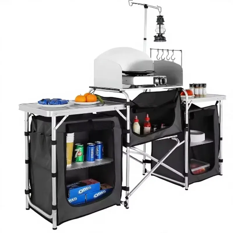 Camping Cooking Cupboard - 卸売大型アルミ製屋外キャンプキッチンステーション収納棚折りたたみ式調理台風よけ付きファミリー向け
