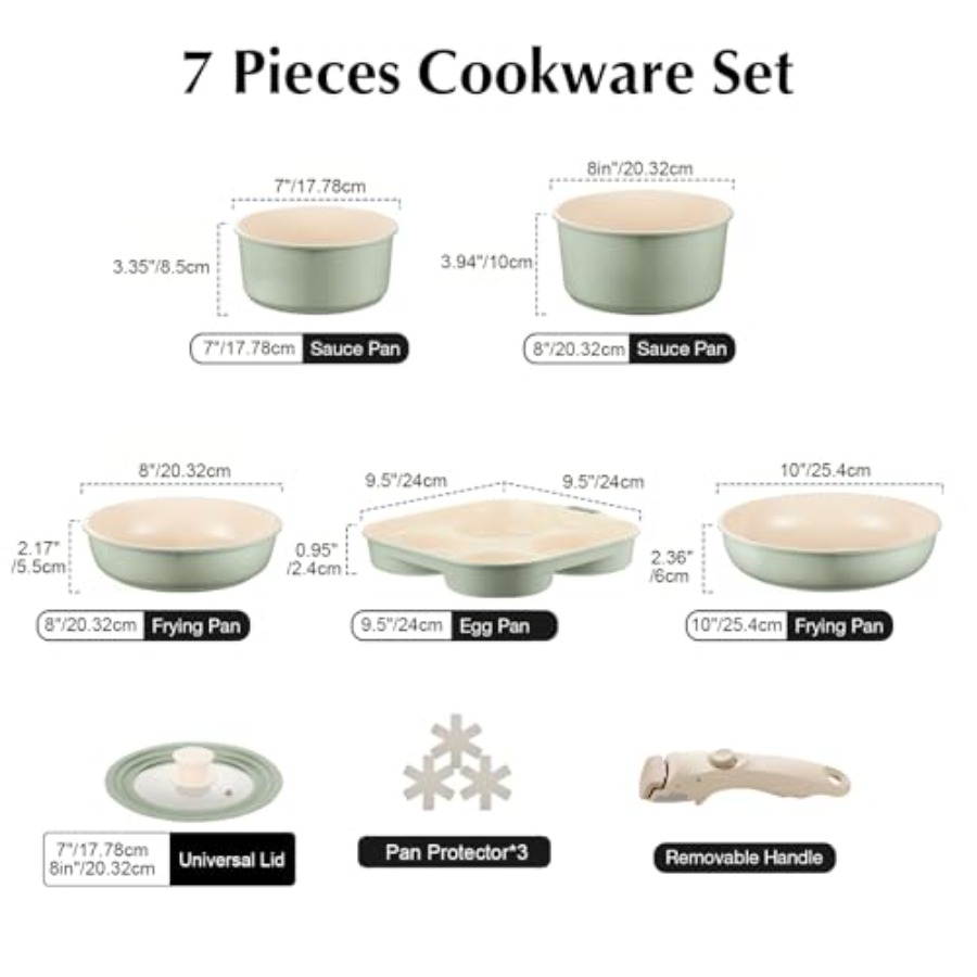 セラミック製鍋とフライパンセット ノンスティック グリーン、 - Camping Cooking Set Detachable Handle のレビューと価格