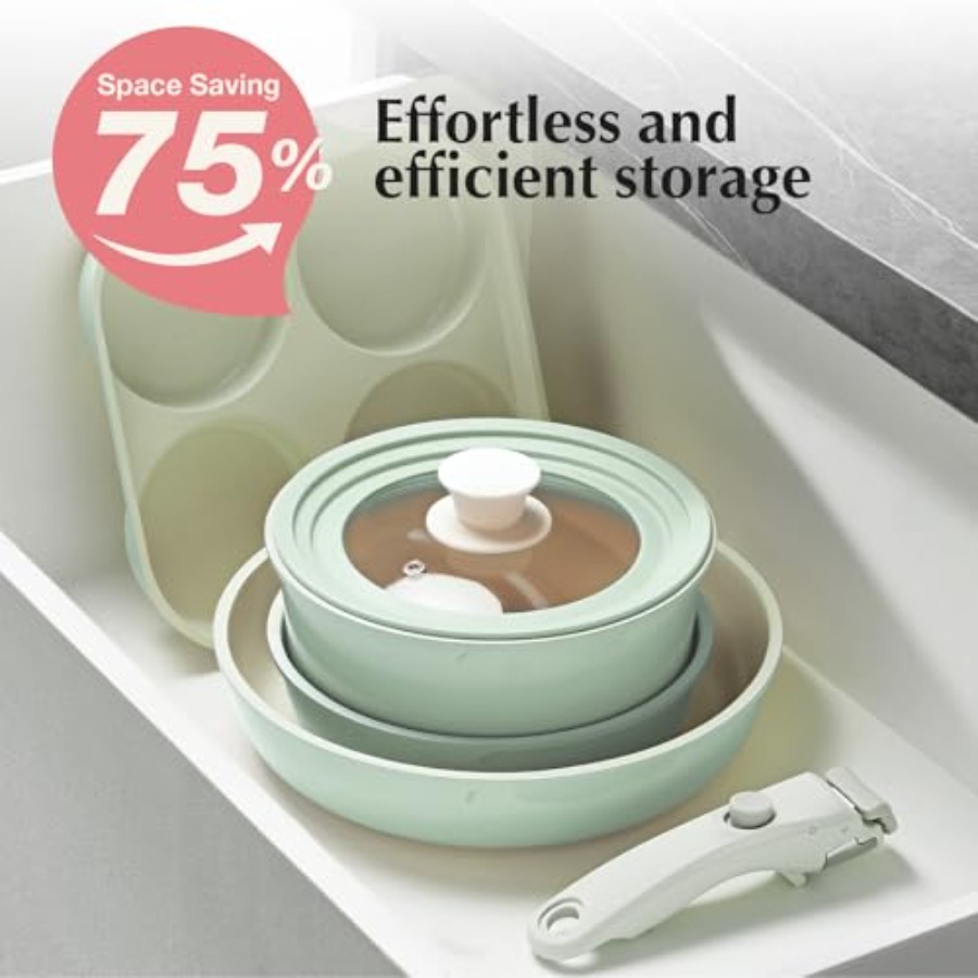 セラミック製鍋とフライパンセット ノンスティック グリーン、 - Camping Cooking Set Detachable Handle のレビューと価格