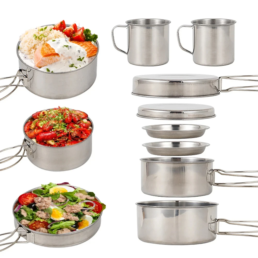 8個/セット キャンプ調理器具セット ステンレス製鍋とフライ - Camping Cooking Hob のレビューと価格