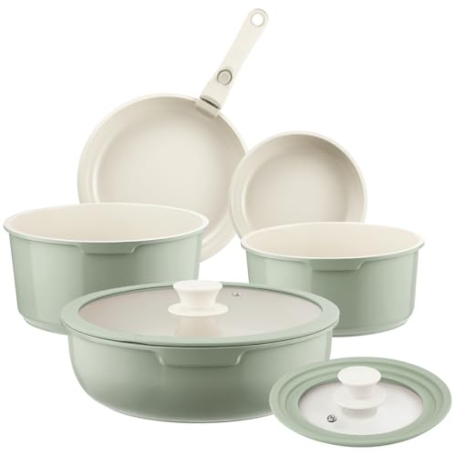 セラミック製鍋とフライパンセット ノンスティック グリーン、 - Camping Cooking Set Detachable Handle のレビューと価格