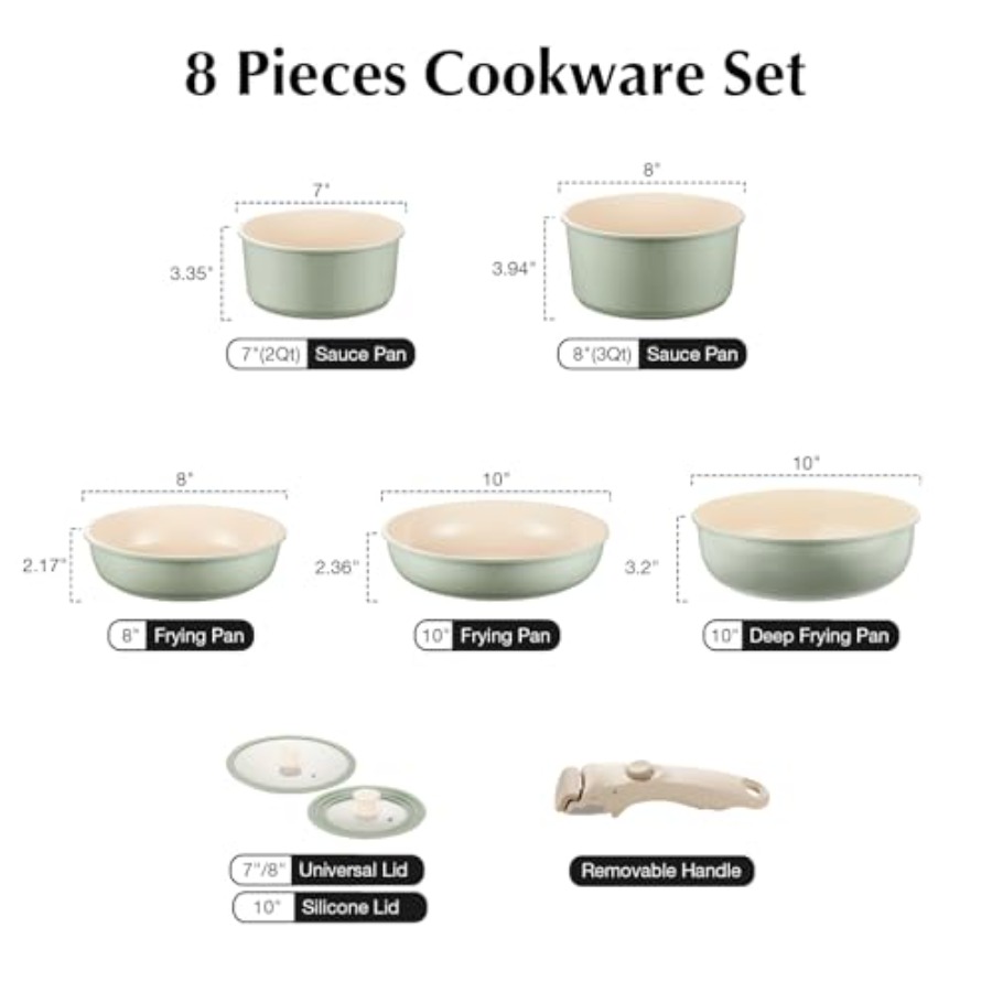 セラミック製鍋とフライパンセット ノンスティック グリーン、 - Camping Cooking Set Detachable Handle のレビューと価格
