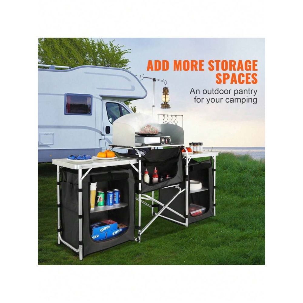 折りたたみ式キャンプキッチンテーブル、3つの収納棚と取り外し - Camping Cooking Cupboard のレビューと価格