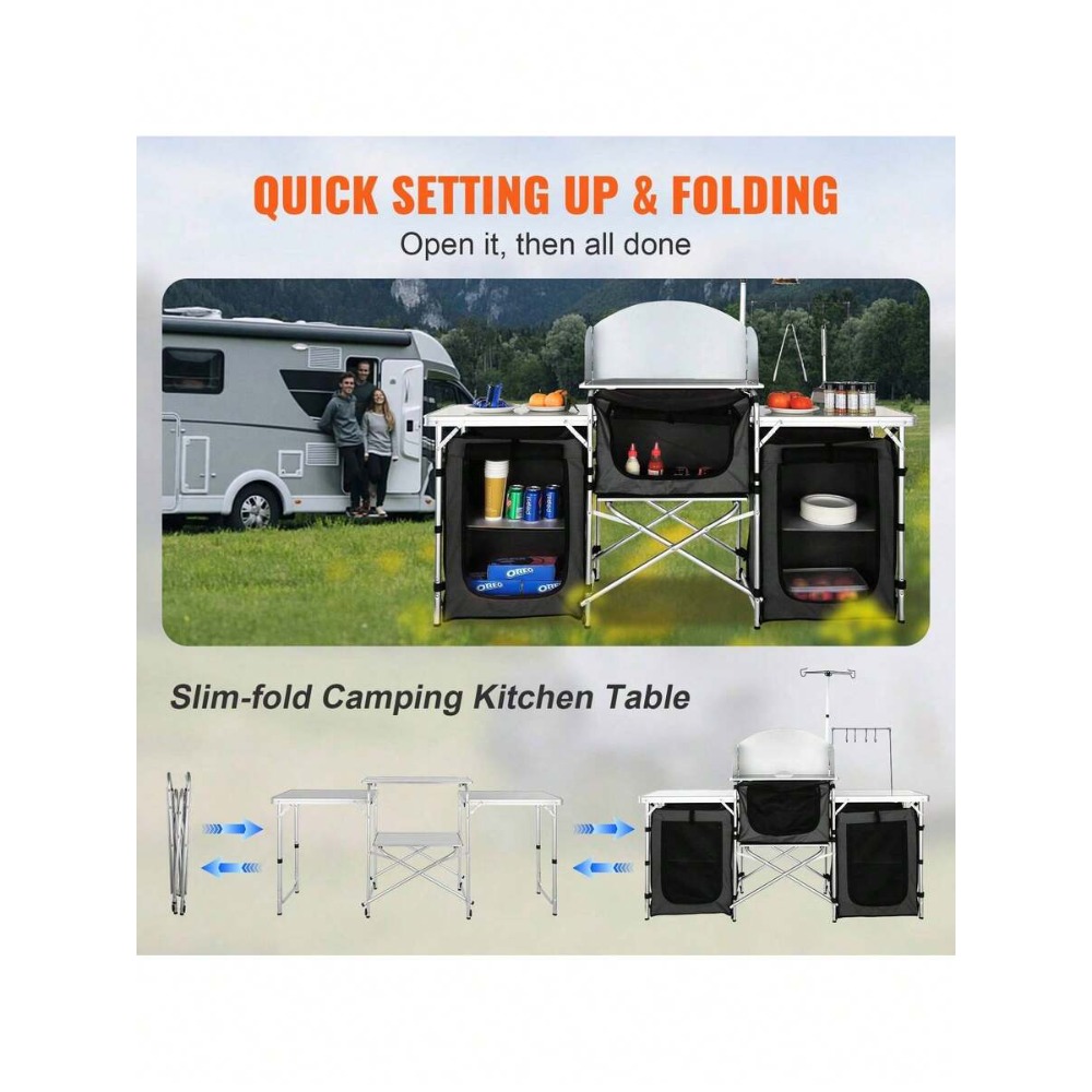 折りたたみ式キャンプキッチンテーブル、3つの収納棚と取り外し - Camping Cooking Cupboard のレビューと価格