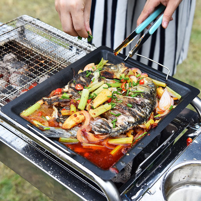 屋外用厚い四角グリルパン 2つのハンドル付き ポータブルノン - Camping Hiking Cooking のレビューと価格