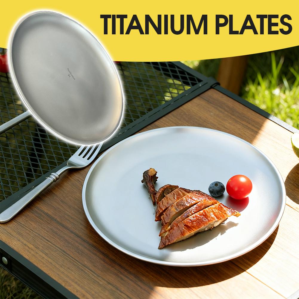 純チタンキャンププレート超軽量ポータブルラウンドつや消し皿生 - Camping Cooking Plate のレビューと価格