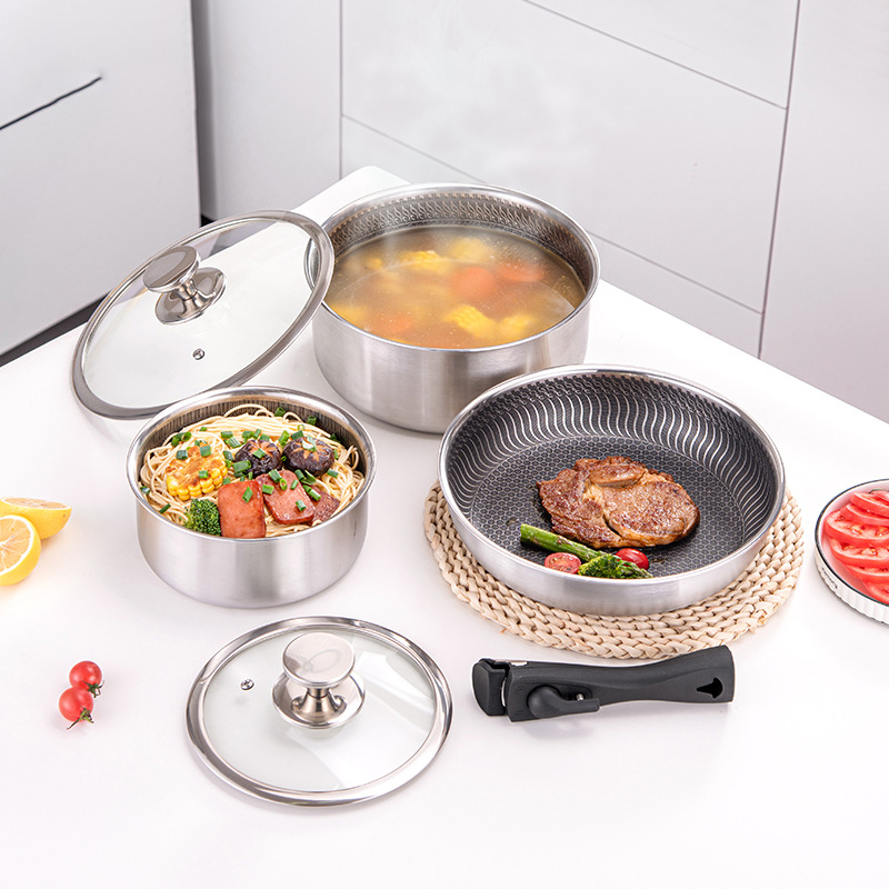 6点セット 3層構造 ステンレス製調理器具セット ハイブリッ - Camping Cooking Set Detachable Handle のレビューと価格
