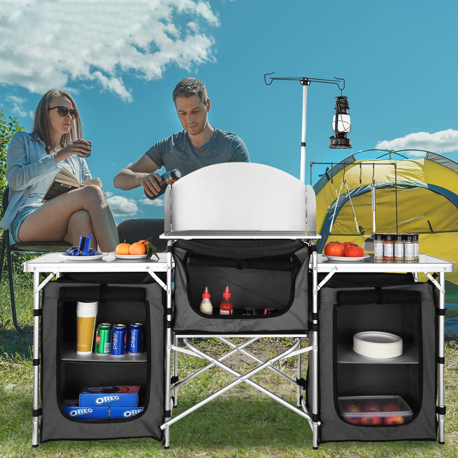 折りたたみ式屋外調理台 アルミ製クックステーション 3つの収 - Camping Cooking Cupboard のレビューと価格